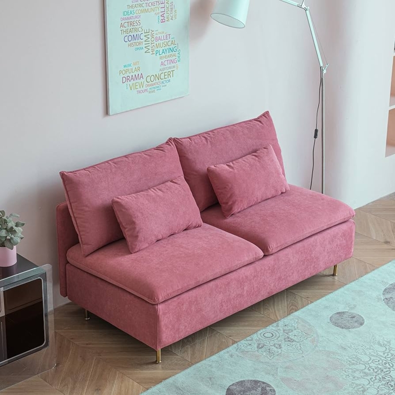 Armless Loveseat in Rose Pink with Gold Tapered Legs Mid-Century Style