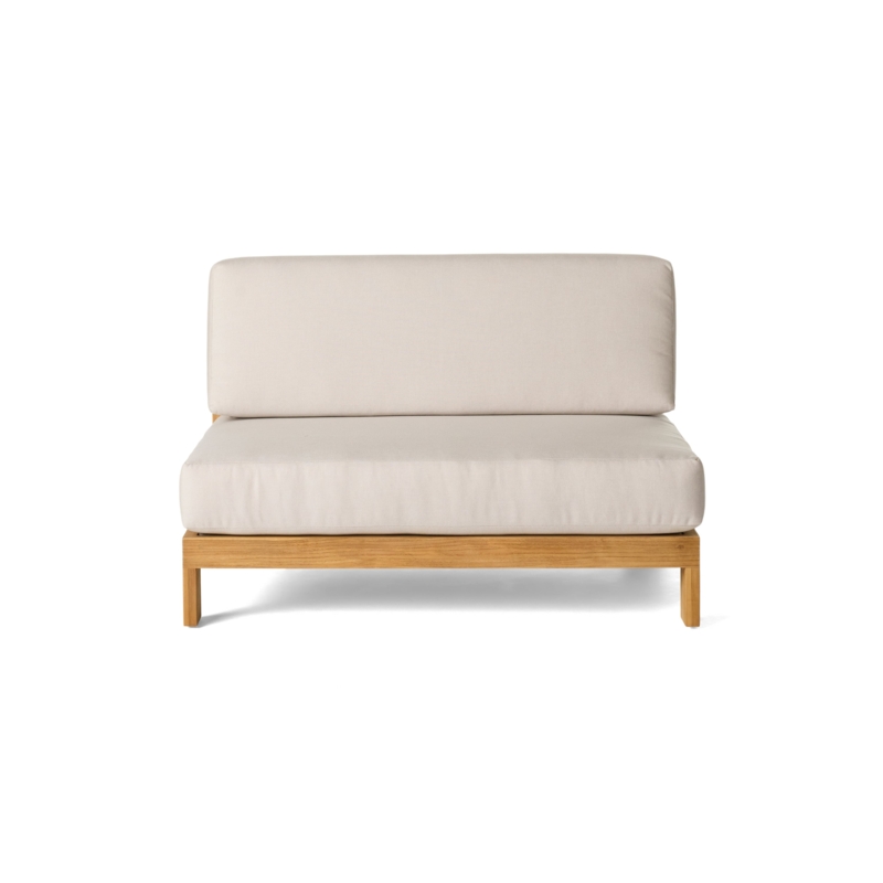Armless Loveseat Outdoor Teak Wood Base Beige Linen-Like Cushions