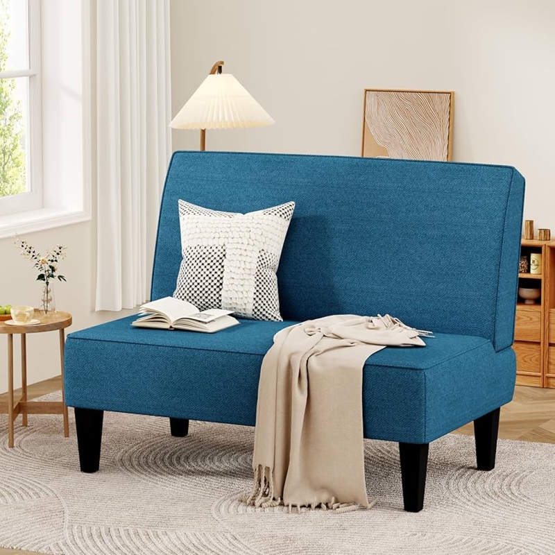 Armless Loveseat with Tapered Black Legs and Woven Fabric