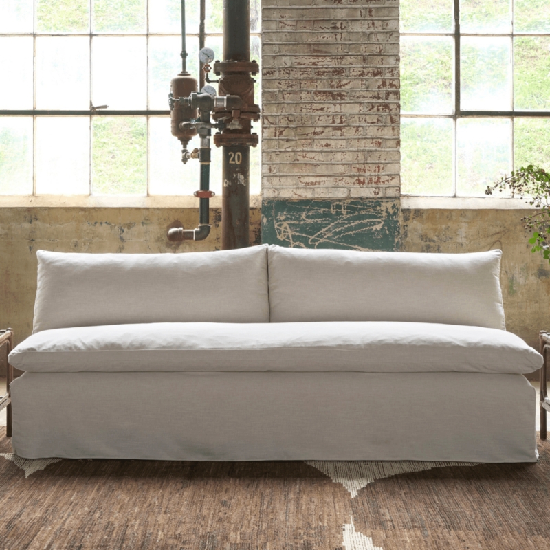 Armless Slipcovered Sofa with Linen-Like Bench Seat Cushion