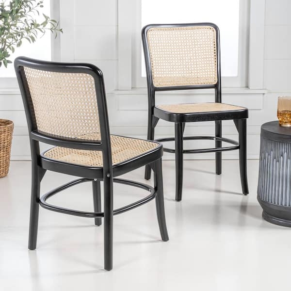 Armless Wood Dining Chair with Woven Cane Panels