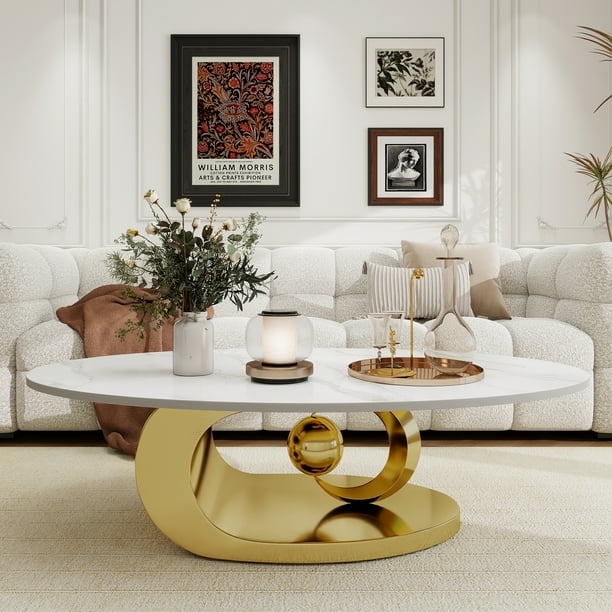 Art Deco Coffee Table with Spherical Central Accent and Gold Base