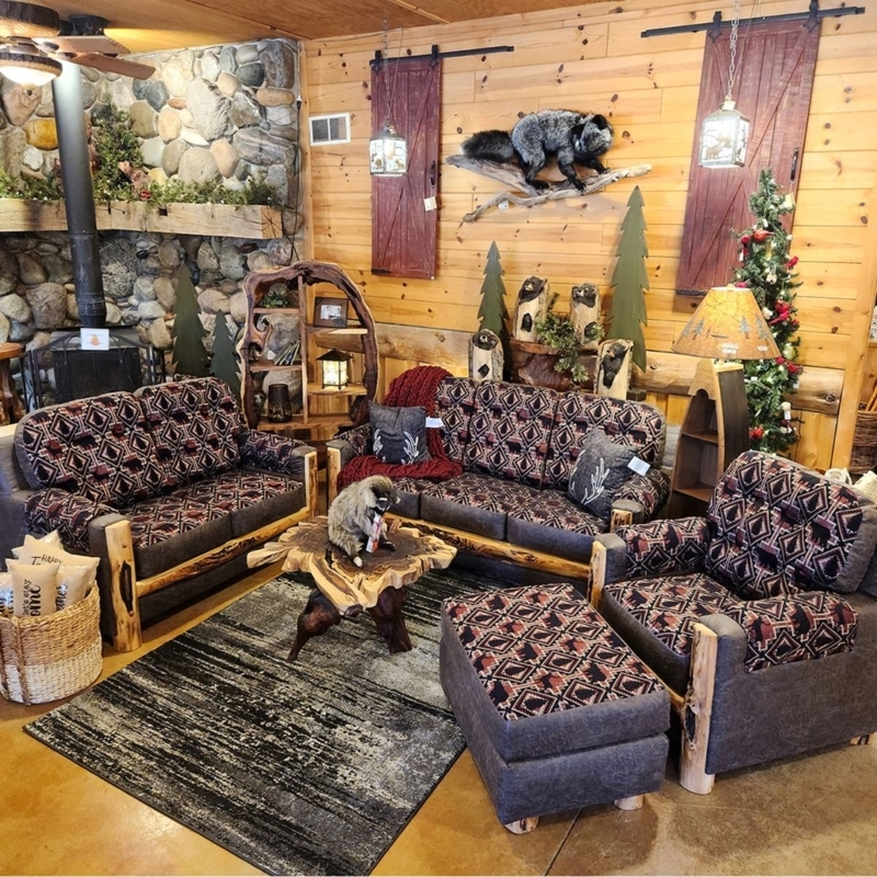 Aspen Log Living Room Set with Geometric Wildlife Upholstery