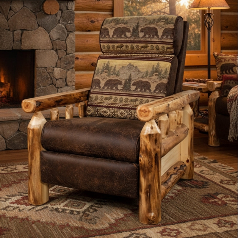 Aspen Log Recliner Chair with Wildlife Tapestry in Rustic Cabin Setting