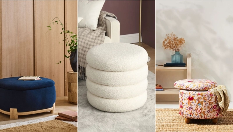 Assorted Storage Ottomans, Mixed Textures and Silhouettes Collection