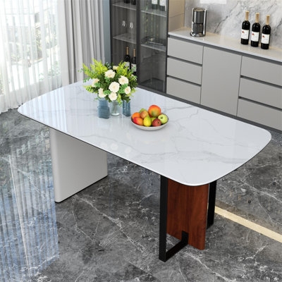 Asymmetrical Dining Table with Mixed Material Pedestal Base