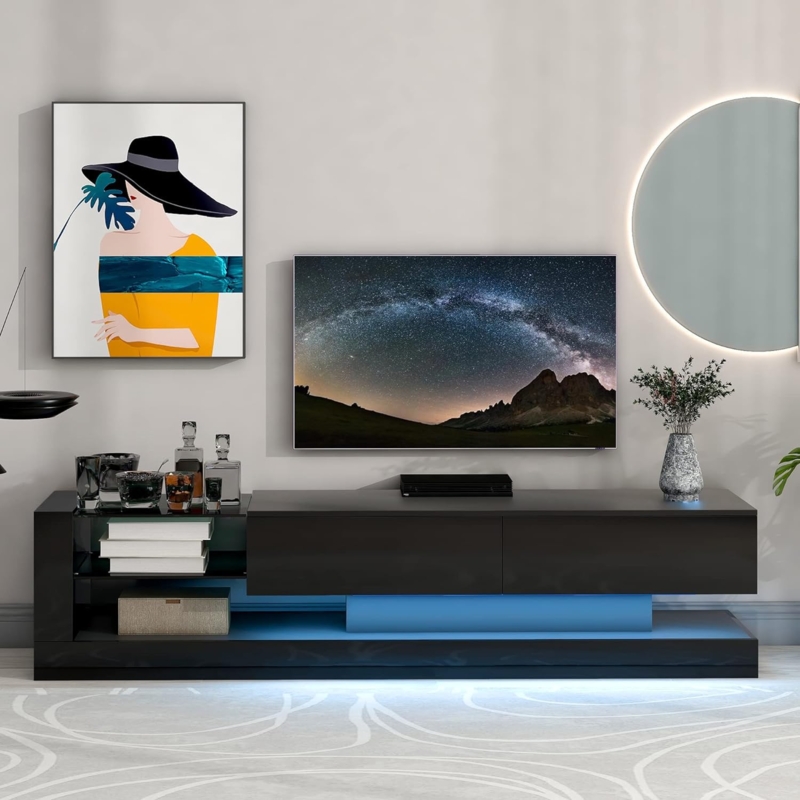 Asymmetrical TV Stand with Blue LED Accents and Tiered Shelving