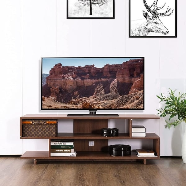Asymmetrical TV Stand with Low Profile Open Shelving in Wood Tone