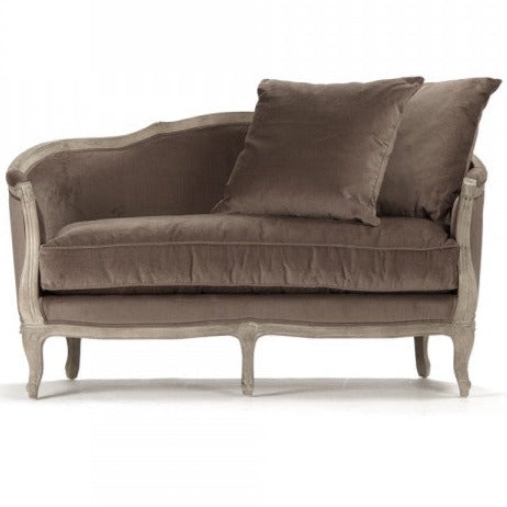 Asymmetrical Velvet Settee with Weathered Wood Carved Frame