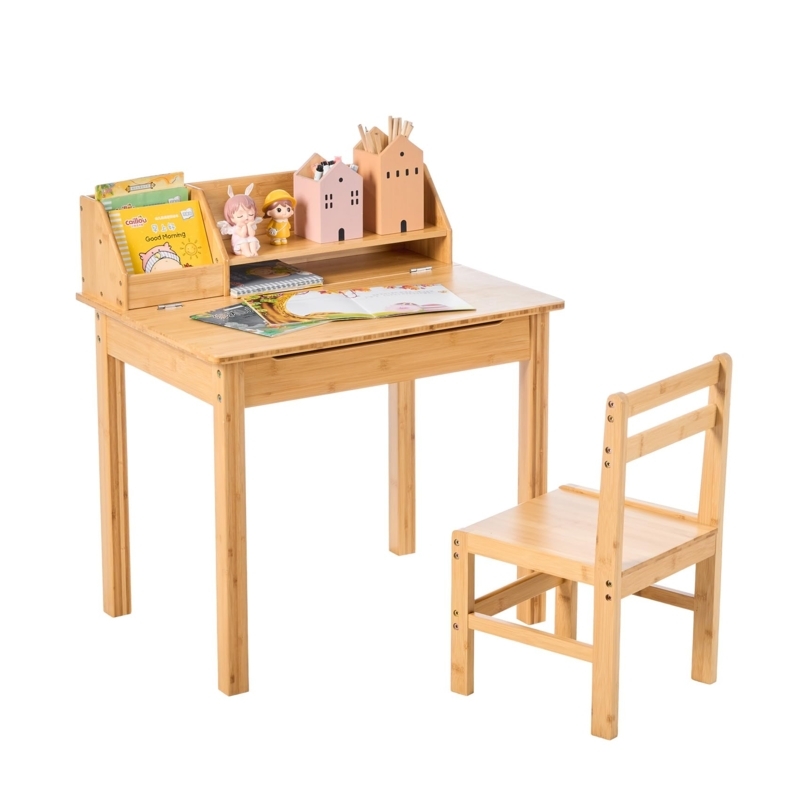 Bamboo Kids Desk Set Lift Top Storage Integrated Hutch Adjustable