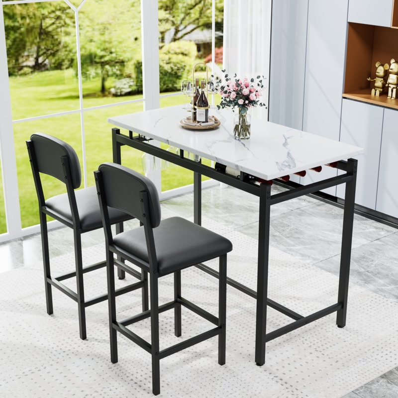 Bar Height Dining Set Marble Top Wine Storage Metal Frame