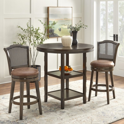 Bar Height Dining Set with Cane Back Swivel Stools and Storage