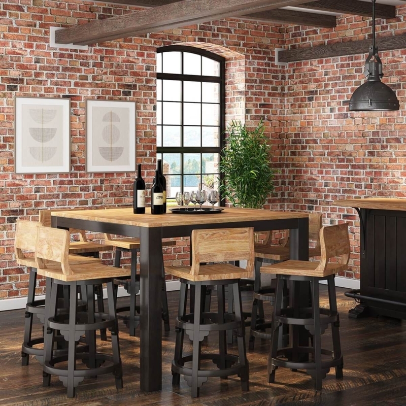 Bar Height Farmhouse Table Set 7 Piece Chunky Legs Curved Back Stools