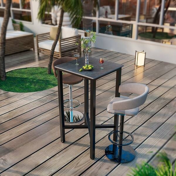 Bar Height Table Patio Square Stone-Look Top Black Metal