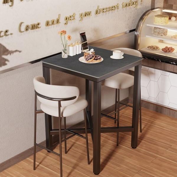Bar Height Table Square Stone-Look Top Bronze Metal Frame