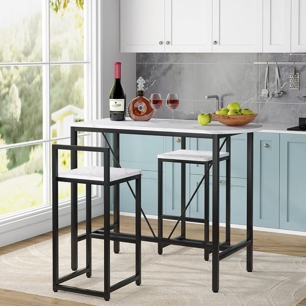 Bar Set 3-Piece Marble-Look Top Black Metal X-Frame Minimalist