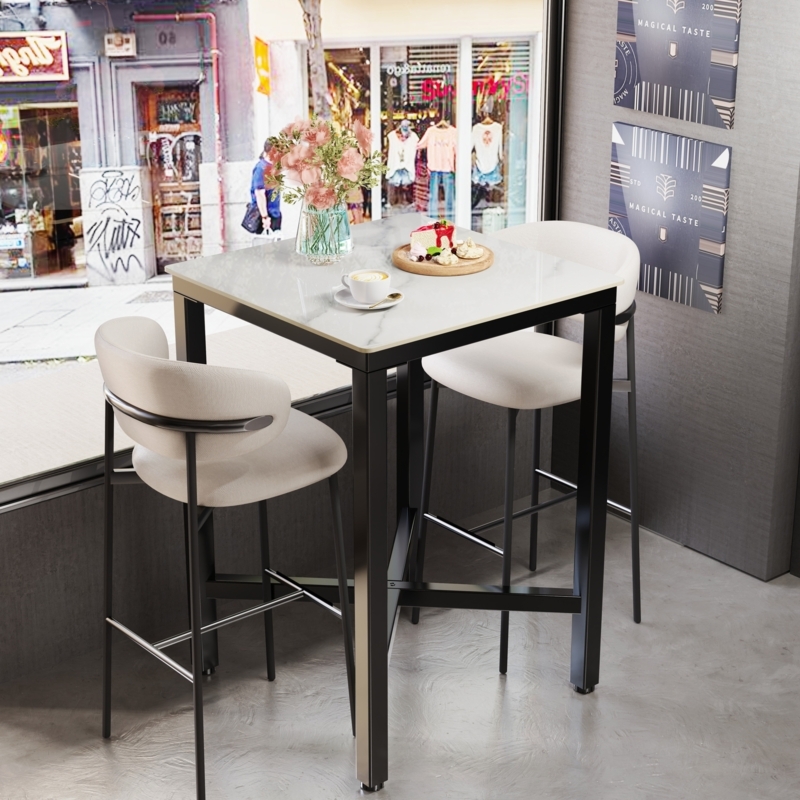 Bar Table 42 Inch Tall Sintered Stone Square Top Black Metal Cross Base