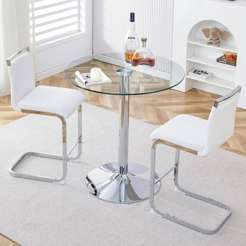- Bar Table and Chairs Set of 2,Round Counter Height Dining Table  Set,35 Glass Round Bar Table Set with White Bar Stools,Sturdy Silver  Chrome Base,Small Pub Table Set for Apartment,Kitchen(36"H -