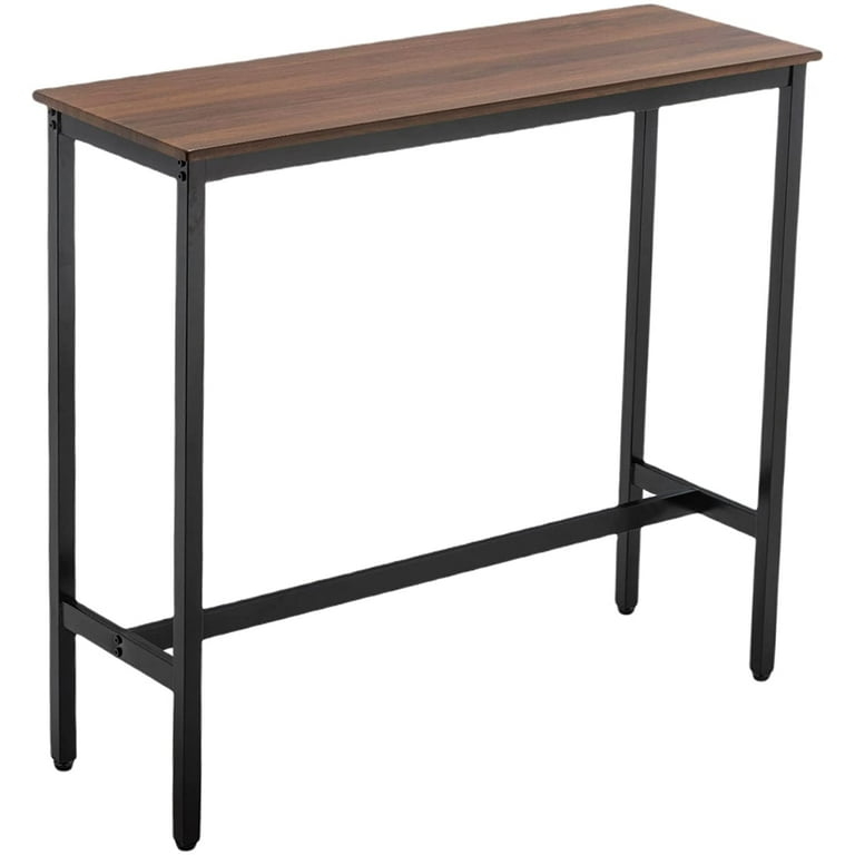 Bar Table Narrow Wood Top Black Metal H-Shaped Brace