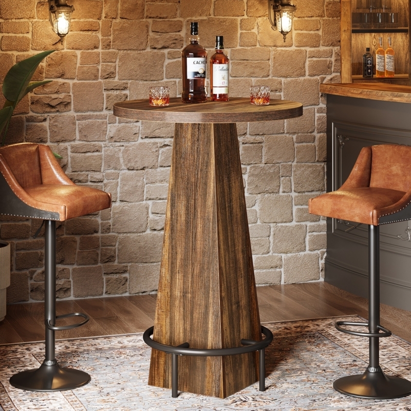 Bar Table Round Wood Faceted Pedestal Base Integrated Footrest Ring