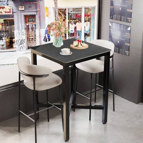 Bar Table Set Black Square White Upholstered Small Space