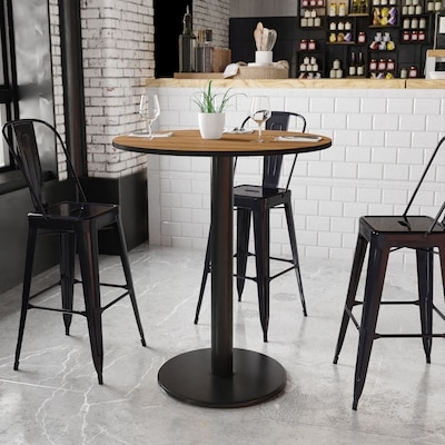 Bar Table Set Industrial Pedestal Base Black Slat Back Stools