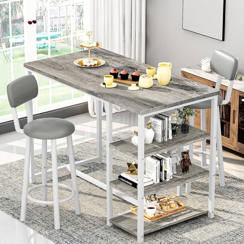 Bar Table Set Integrated Shelving White Metal Frame Weathered Top