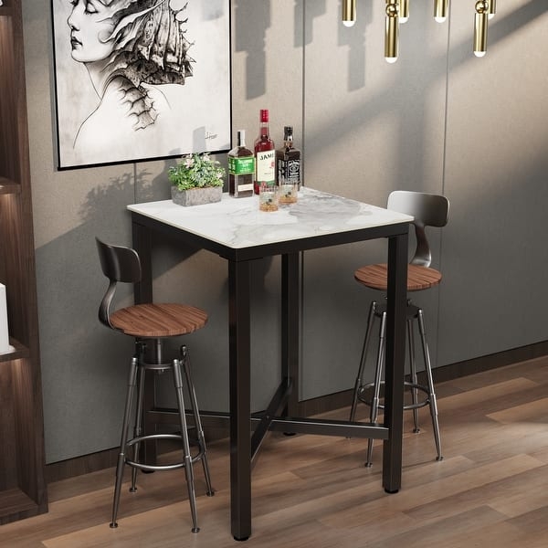 Bar Table Set Marbled Top Industrial Swivel Stools Metal