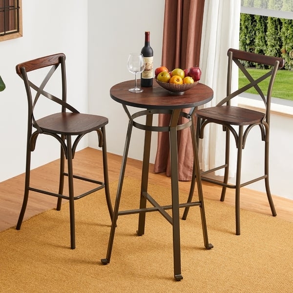 Bar Table Set Rustic Industrial Metal Frame X-Back Stools Wood Top