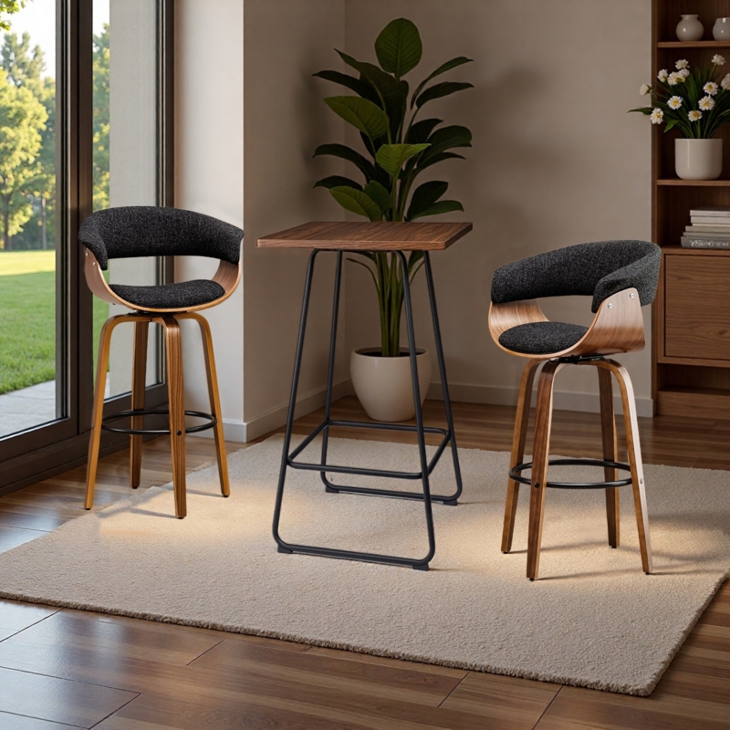 Bar Table Set Swivel Stools Bentwood Shells Charcoal Mid-Century