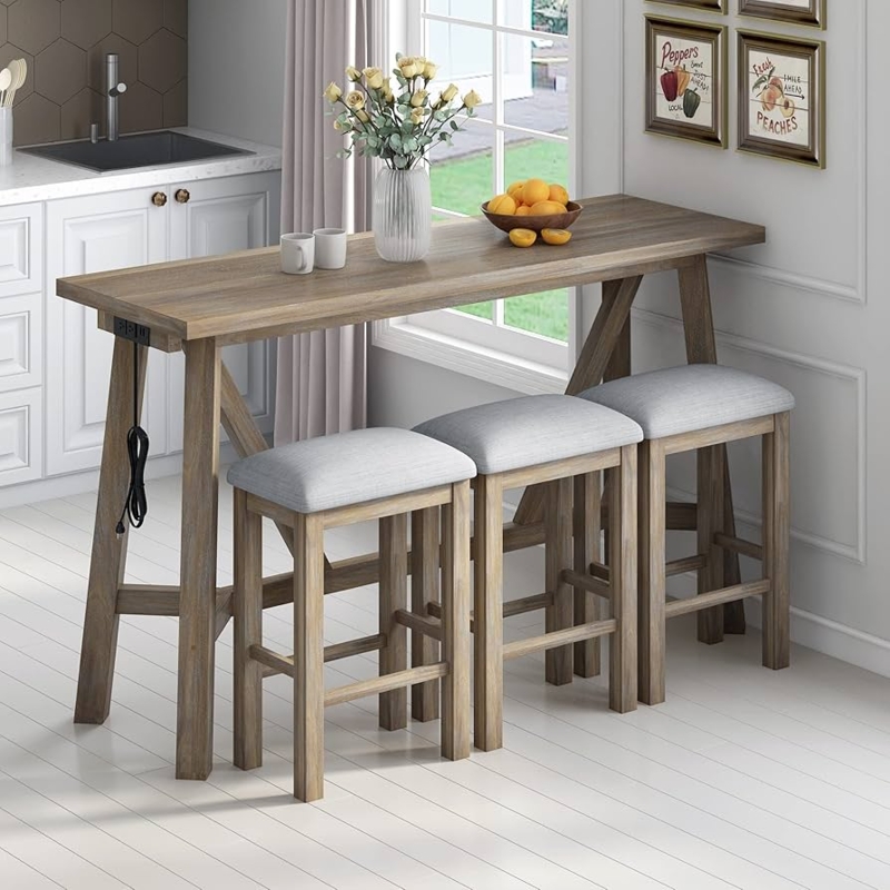 Bar Table Set Weathered Wood 4-Piece Integrated Power Outlet