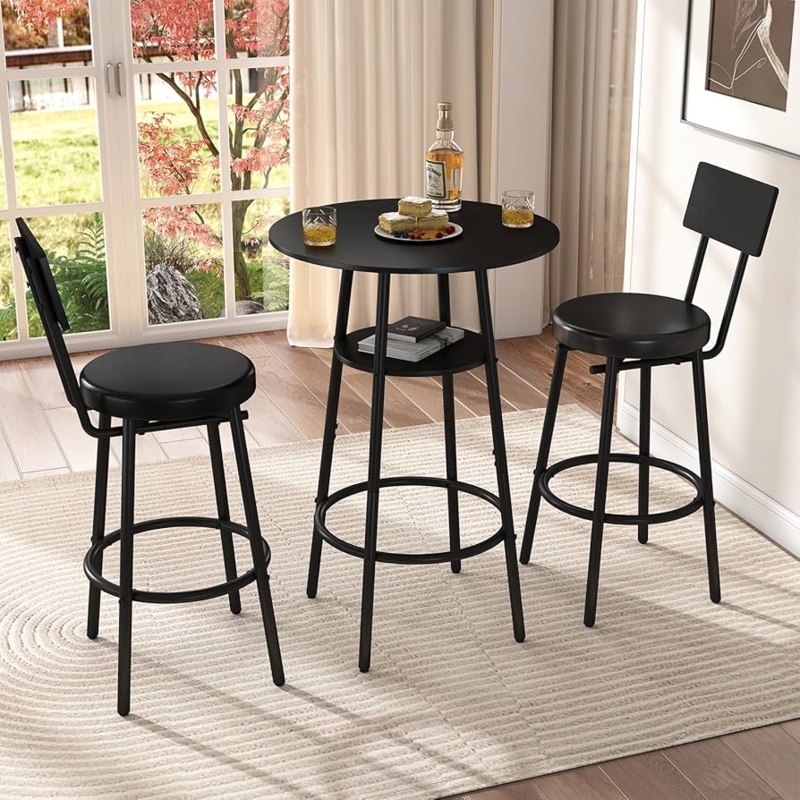 Bar Table Set with Circular Footrest and Matte Black Finish