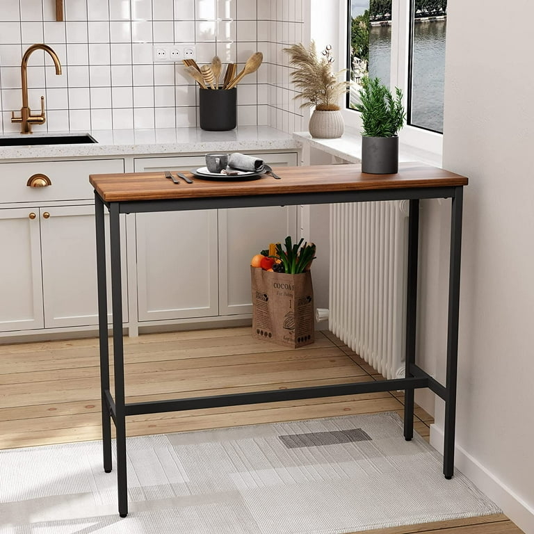 Bar Table Slim Wood Top Black Metal Cross-Brace Support