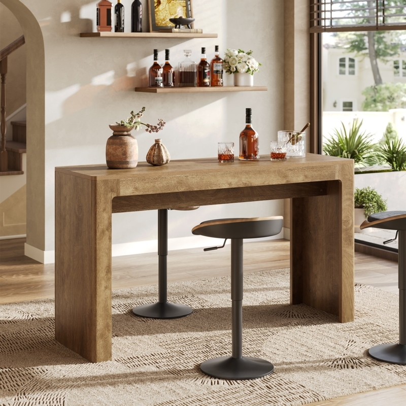 Bar Table Waterfall Edge Wood Slab Construction Swivel Stools