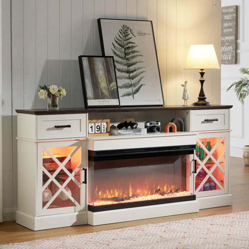 Barnwood White Fireplace TV Stand 3-Sided Fireplace Lighted Cabinets