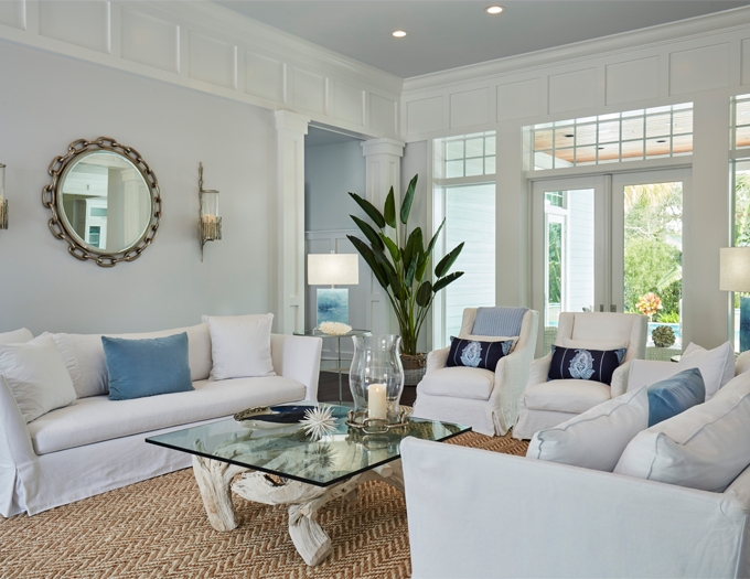 Beach House Furniture Set featuring White Slipcovered Seating and Coastal Decor