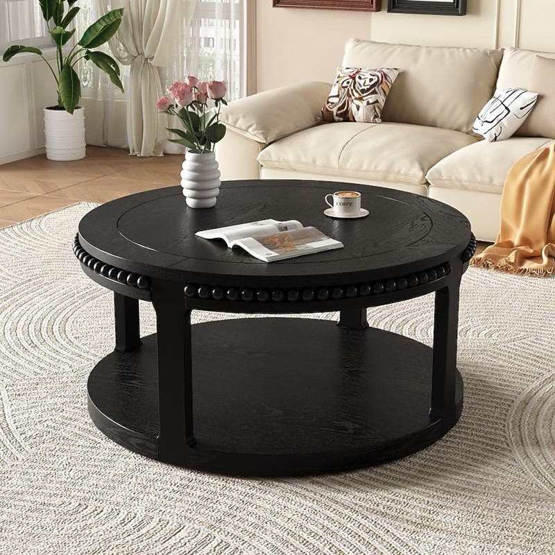 Beaded Trim Coffee Table Round Two-Tier Lacquer Finish Bottom Shelf