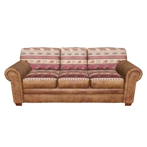 Bear Motif Sofa with Rustic Lodge Style and Earth Tone Upholstery