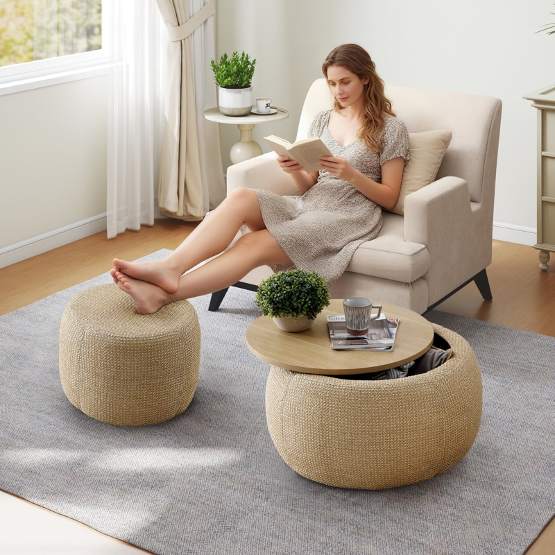 Beige Chunky Braided Storage Ottoman Set Tray Top