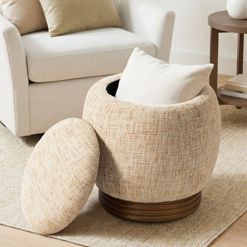 Beige Chunky Woven Tiered Storage Ottoman Wood Base