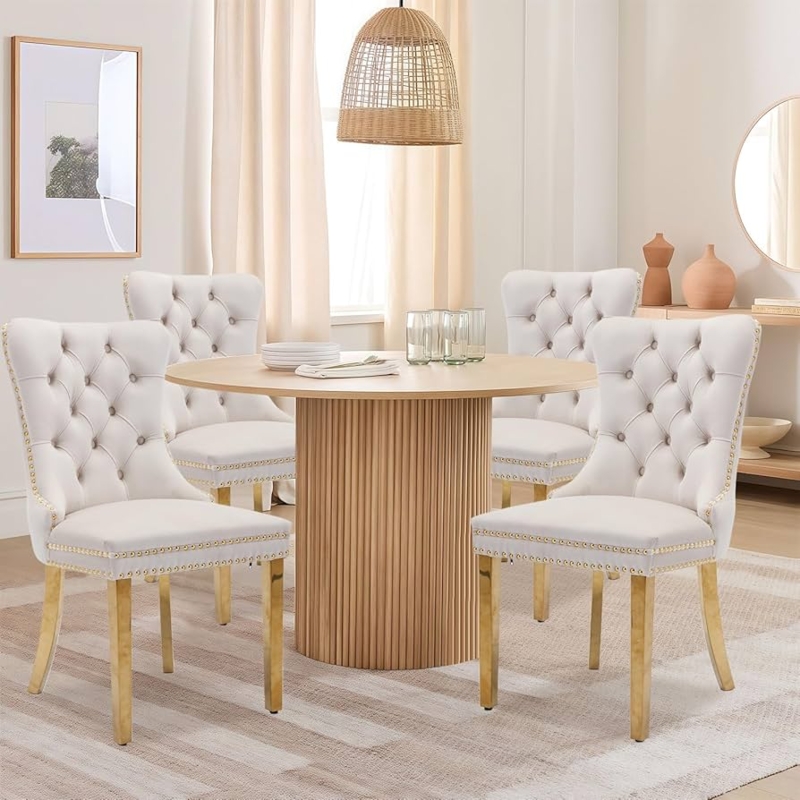 Beige Dining Chair Velvet Wingback Nailhead Trim Gold Legs
