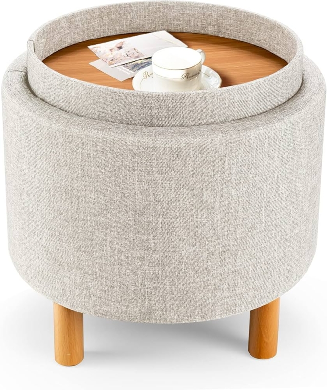 Beige Fabric Stool with Wood Toned Tray Top and Tapered Legs