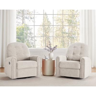 Beige Glider Recliner Set with Nubby Terry Fabric and Button Tufting