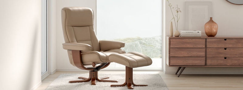 Beige Leather-Like Recliner Set featuring Walnut Star Shaped Base