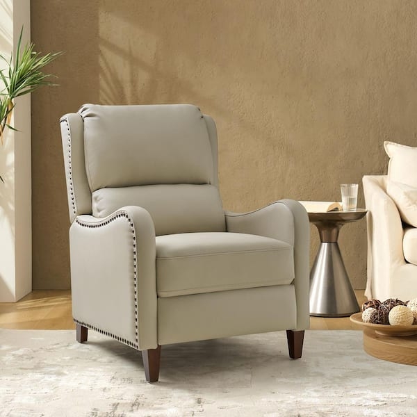 Beige Leather Recliner Chair Nailhead Trim Transitional Style