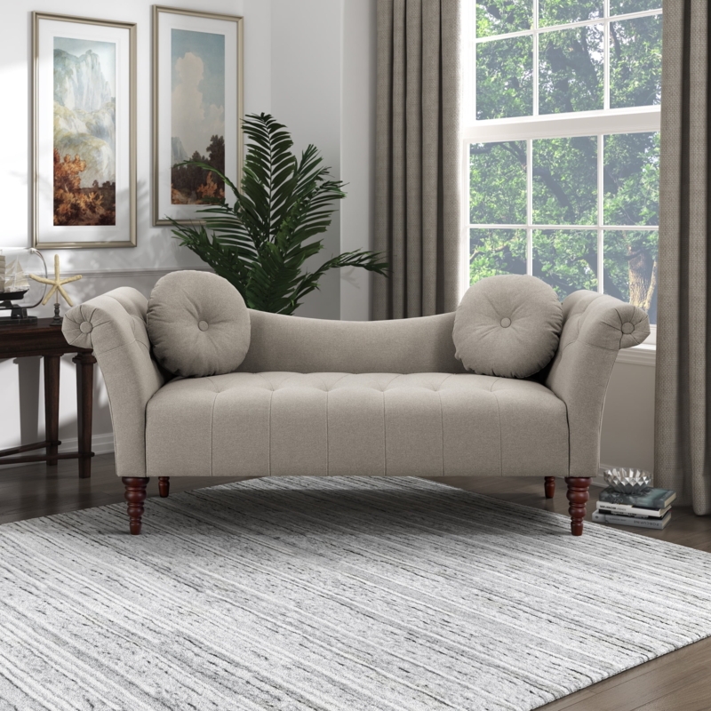 Beige Linen Settee with Rolled Arms and Tufted Seat