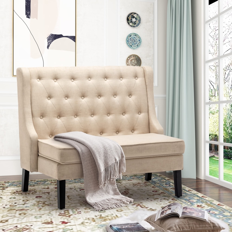 Beige Linen Wingback Settee with Diamond Tufted Back