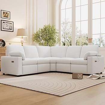 Beige Power Reclining Sectional Sofa with Modern Track Arms