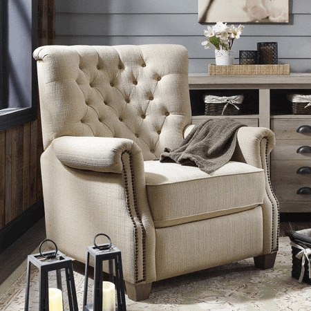 Beige Push-Back Recliner in Linen-Like with Tufted Back