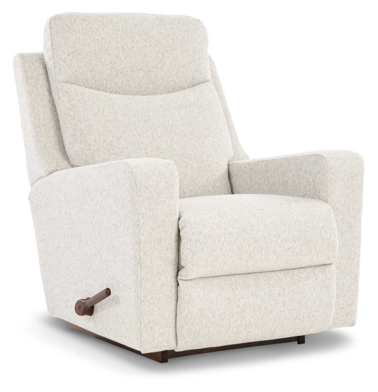 Beige Rocker Recliner with Woven Marled Texture and Wood Accents